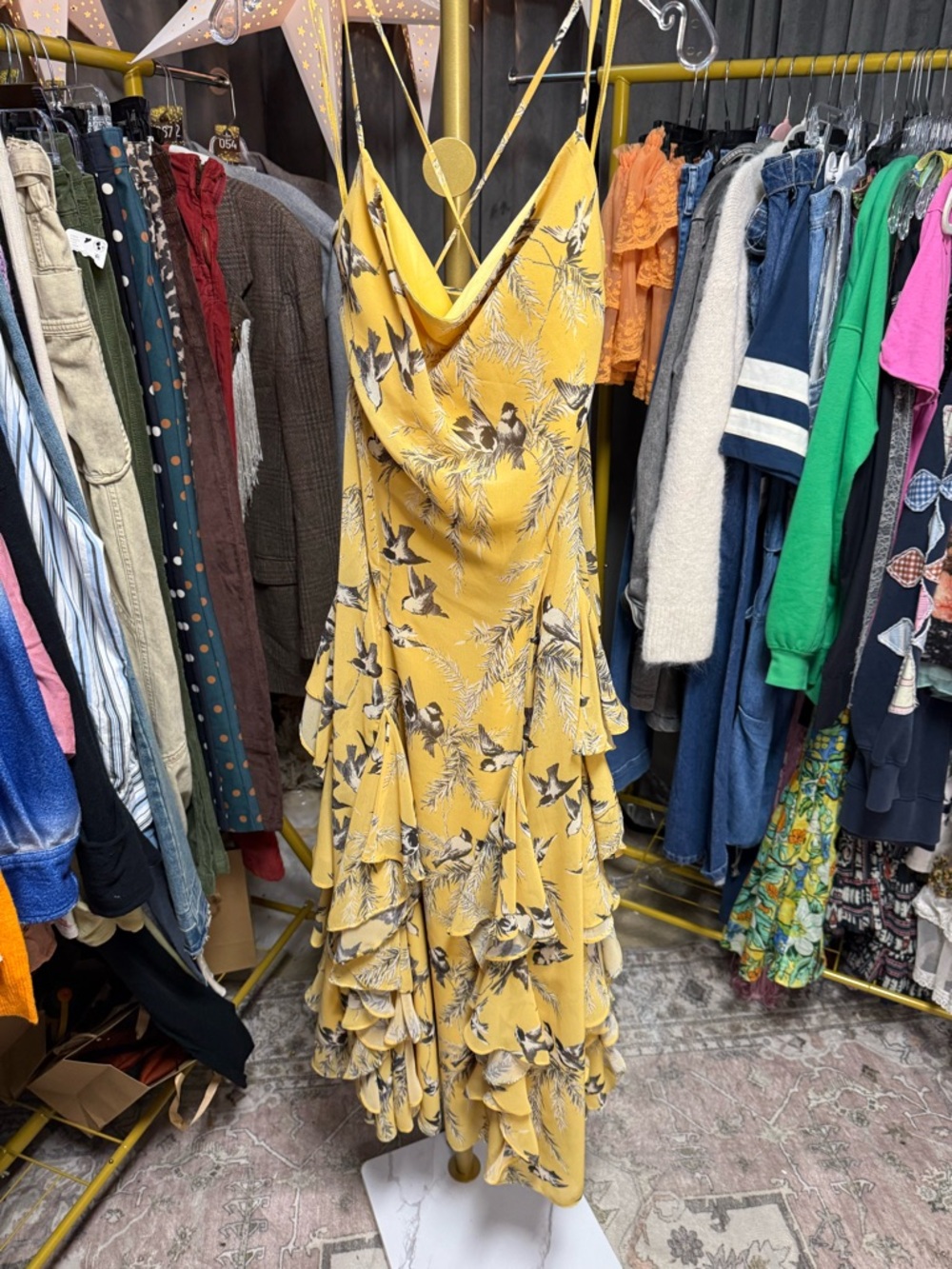 NWOT BHLDN Anthropologie Bird Print Chiffon Cowl Neck Ruffle MIDI Dress - Picture 6 of 7